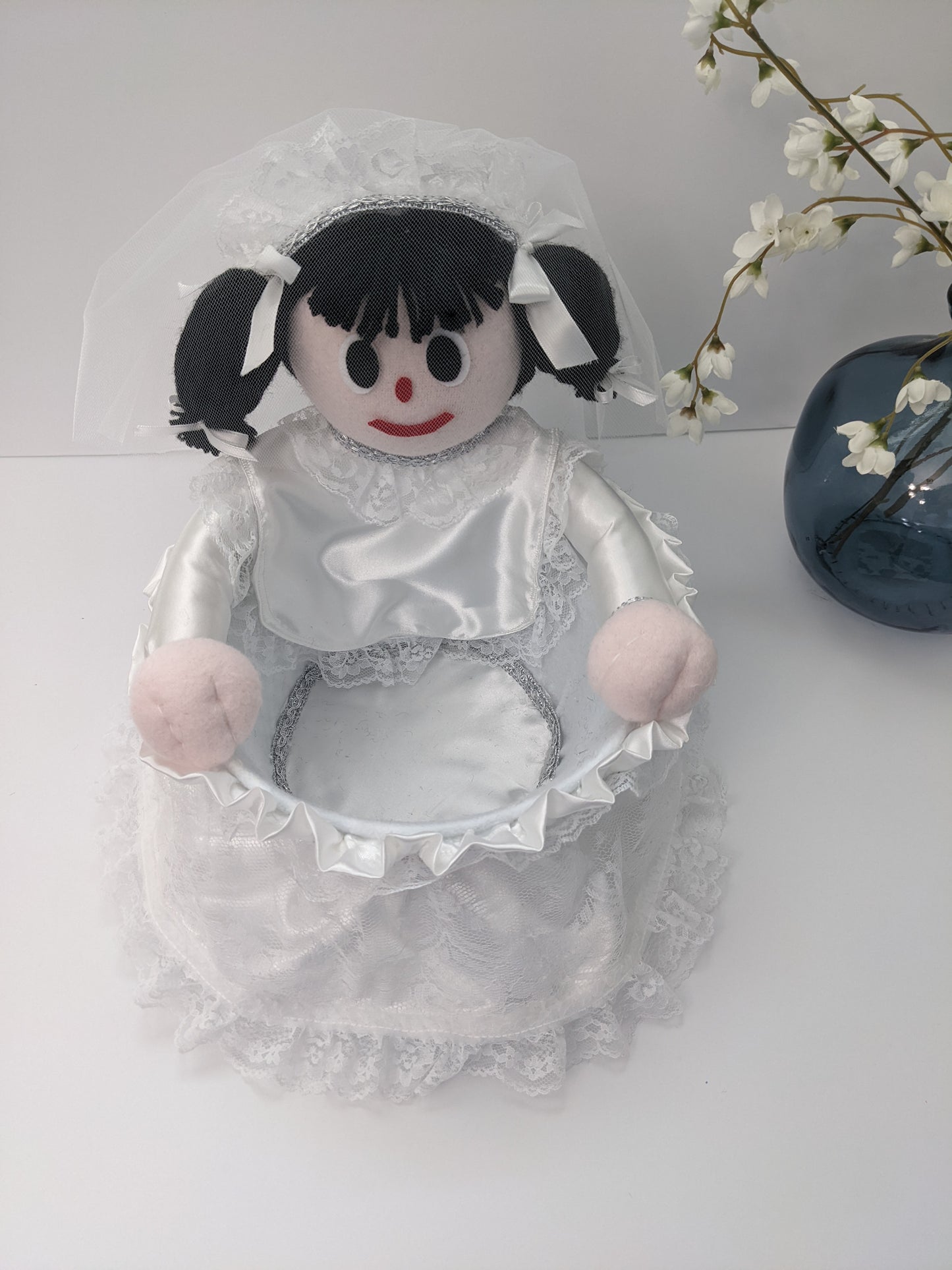 Character Mary is modeling the latest trend in bridal dresses. Elegant and sofisticated Mary the bride is perfect for your bridal shower. Extra size wire basket could hold wedding favors bags, confetty toss bags, petal toss, etc. for your wedding. Limited Edition. Bride 0001 Front